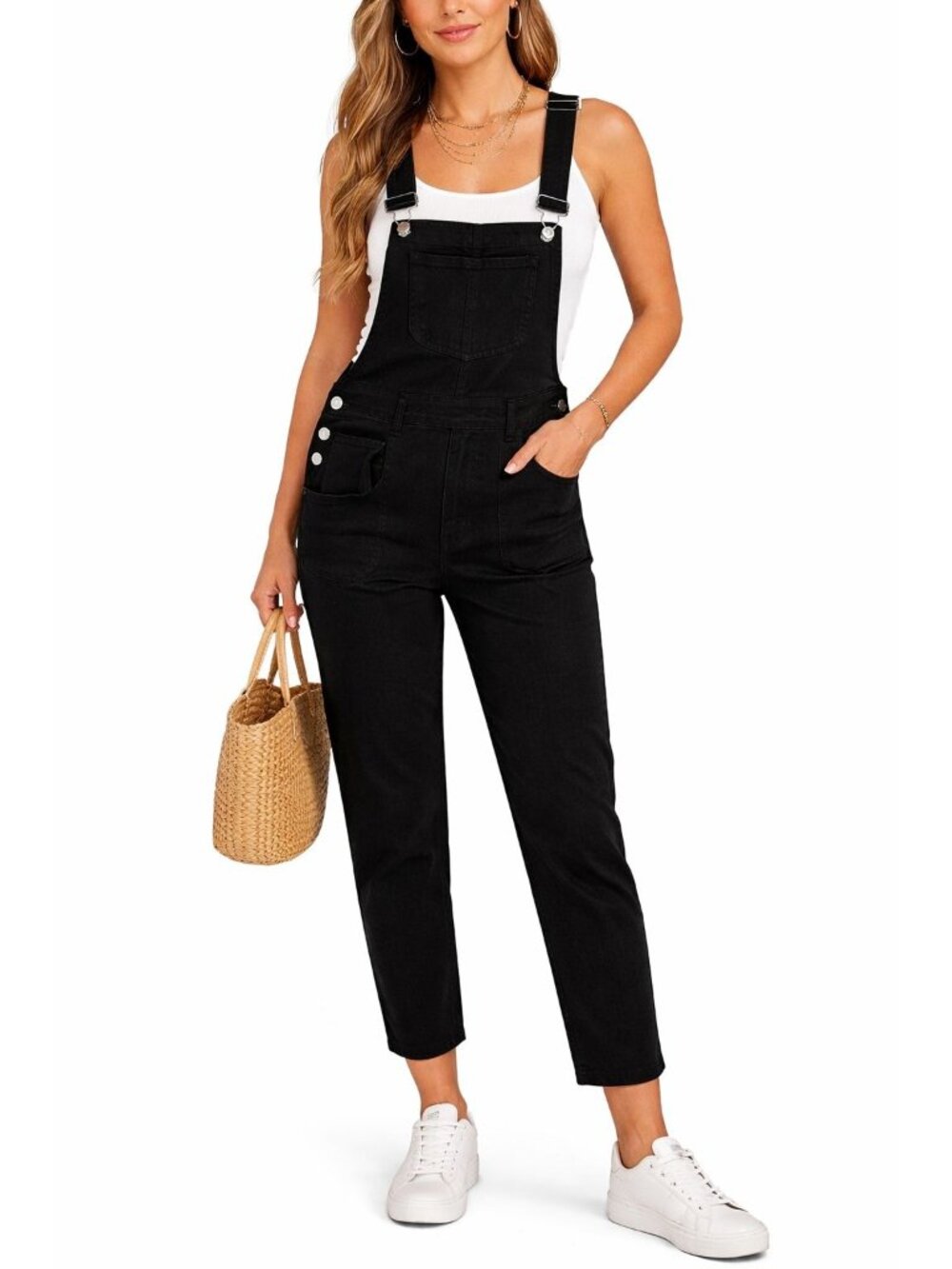 Black Denim Overalls Womens S Adjustable Strap Straight Leg Casual